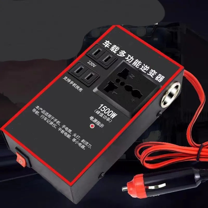 Black 12V 24V to 220V car power converter with universal socket and 4 USB charging ports