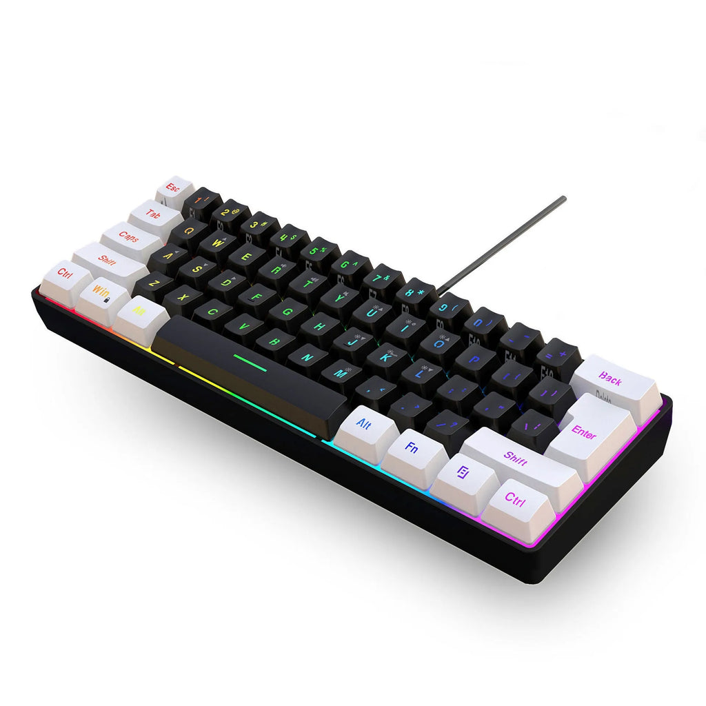 61-key wired membrane keyboard in white and black, ABS plastic, 28.7cm width