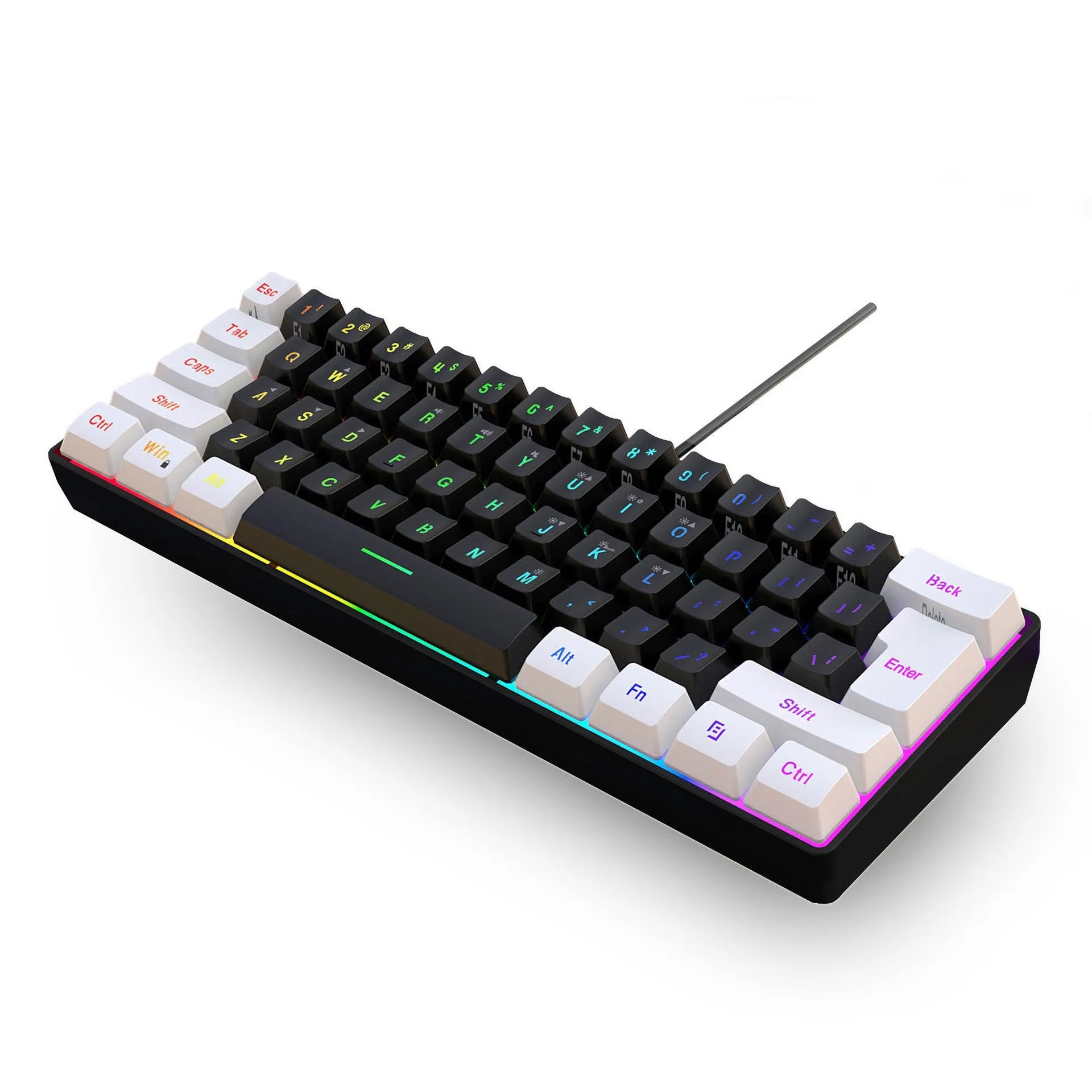 61-key wired membrane keyboard in white and black, ABS plastic, 28.7cm width