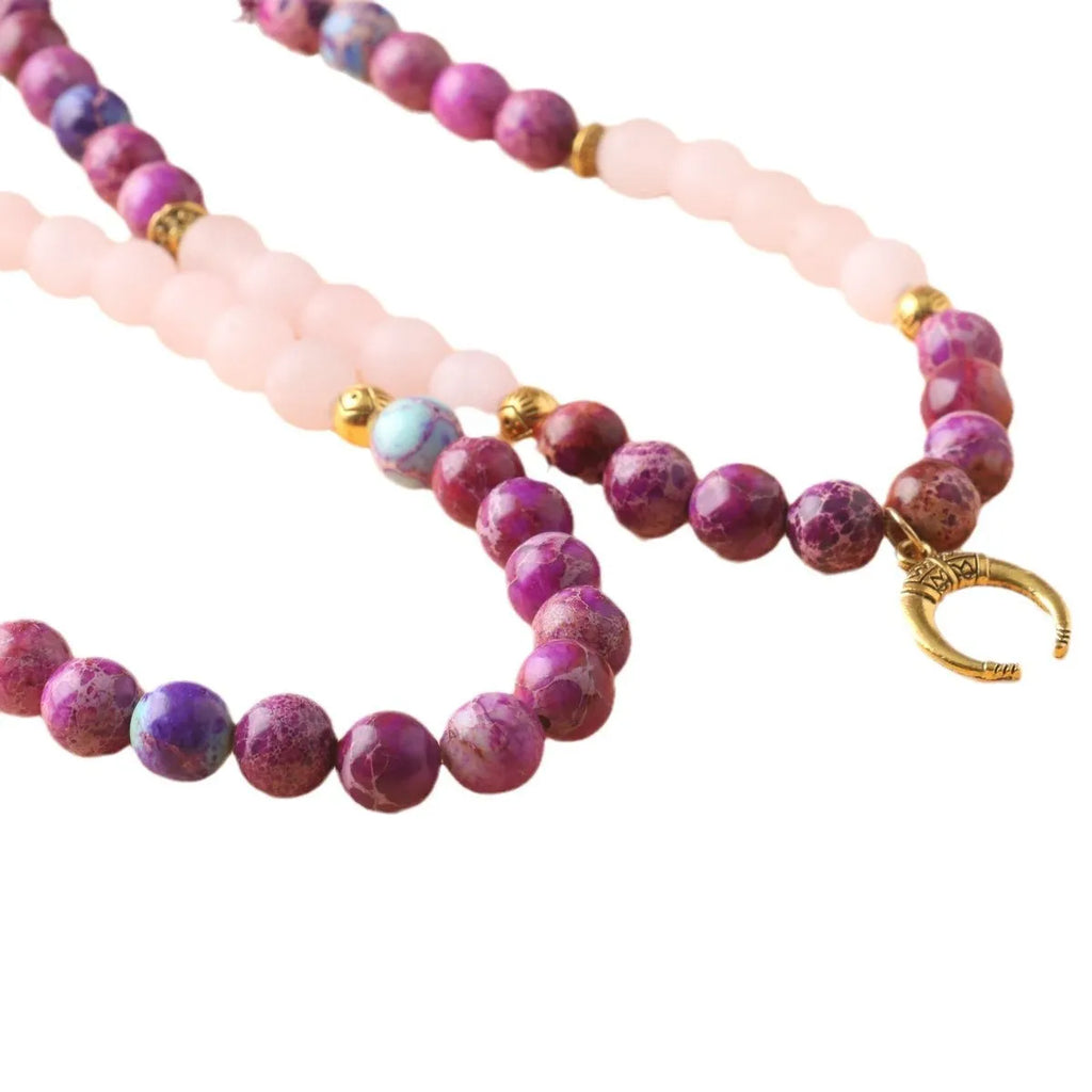 Pink crystal round Emperor Stone beads pendant necklace on a casual unisex cord, approximately 45 cm long