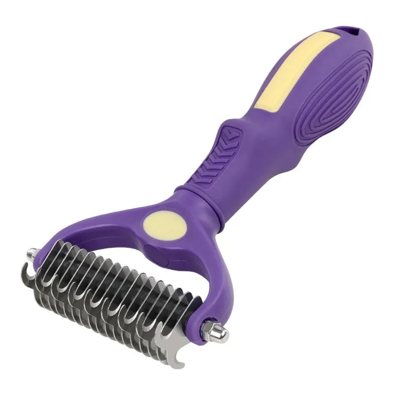 Purple double-sided plastic pet comb for detangling knots from cat or dog fur