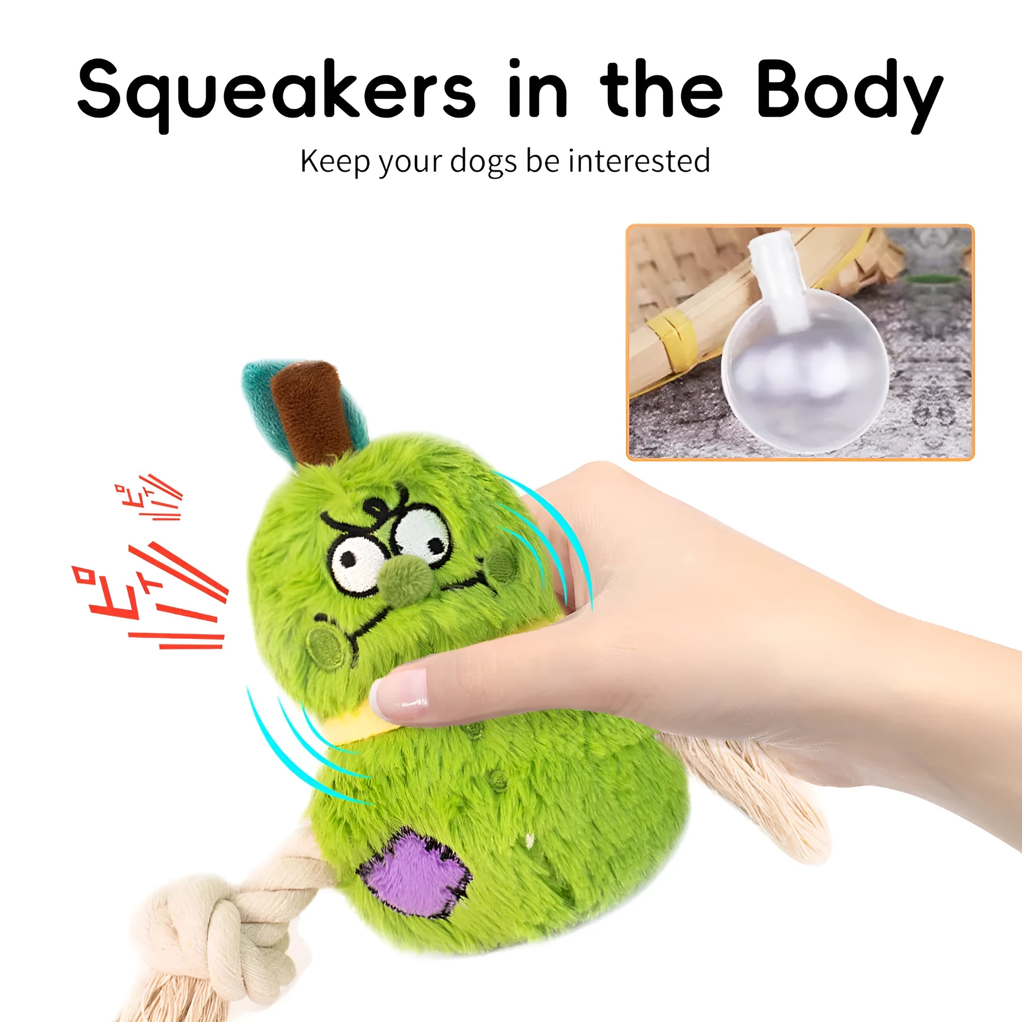 Green and purple interactive dog plush rope knot tug-of-war toy with molar teeth