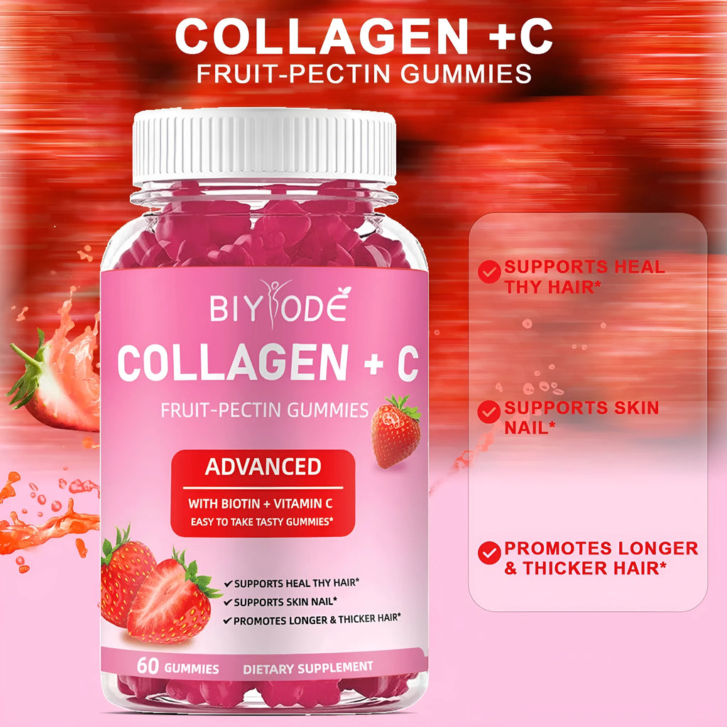 Bottle of Vitamin C Biotin Collagen Gummies for Women, 60 soft candy pieces per bottle
