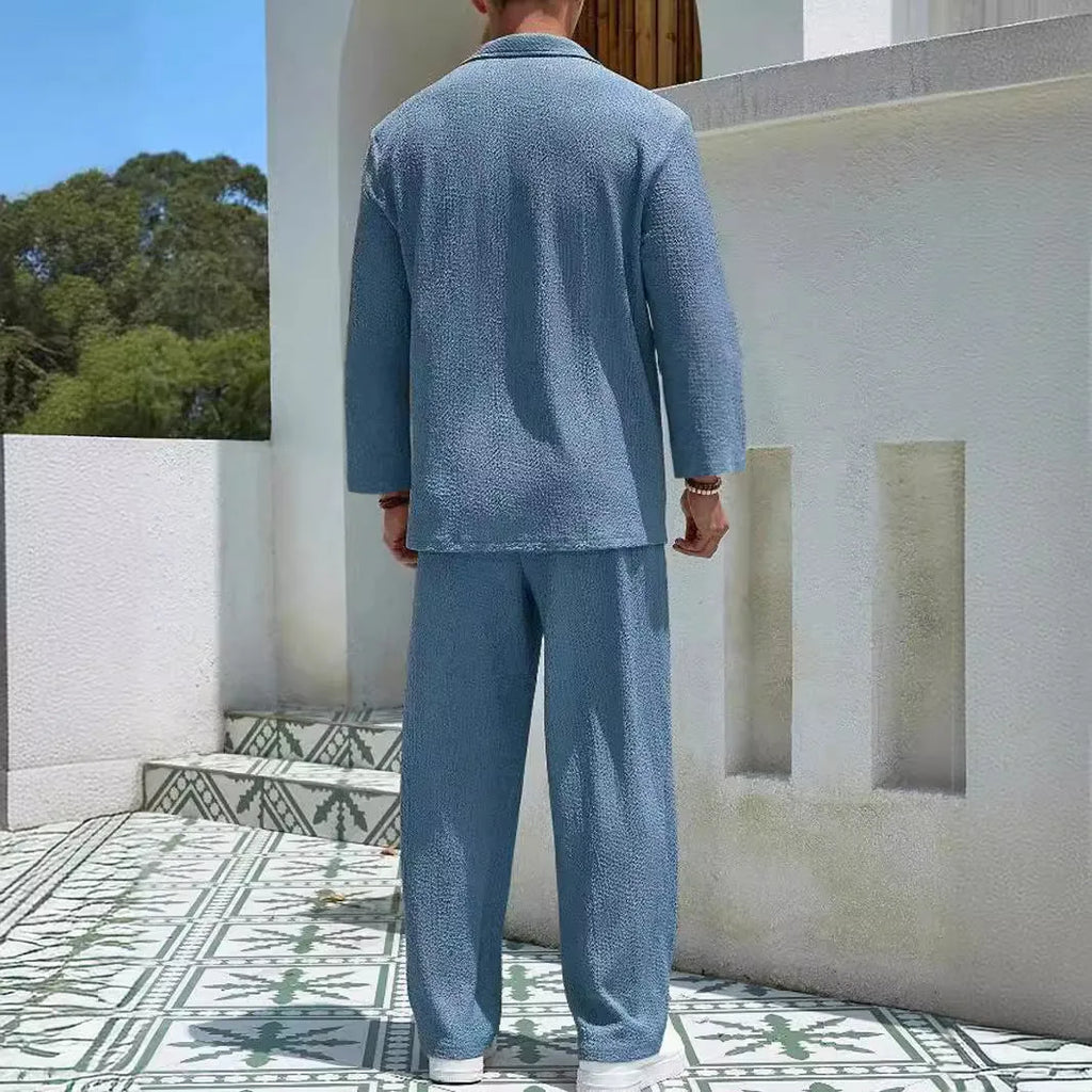 Men's casual polyester shirt trouser suit in lake blue colour with Asian sizing options