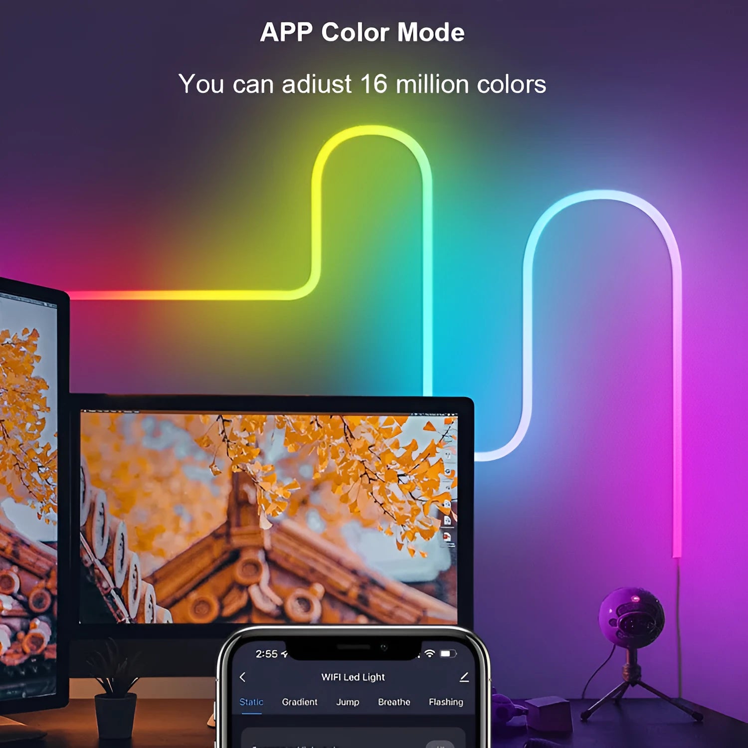 3 metre USB RGB magic colour LED neon light strip with remote control on white background