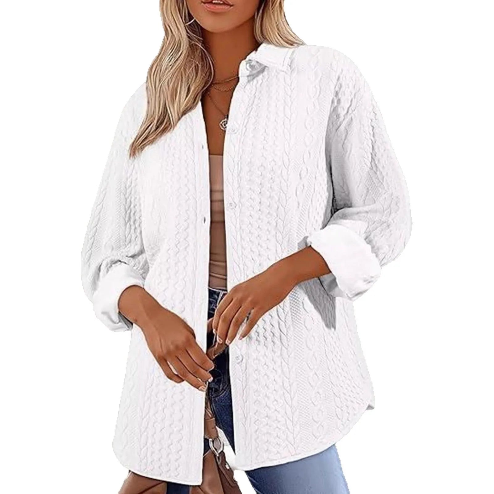 Women's solid colour cardigan sweater in knitted polyester fabric shown in black, white and khaki options