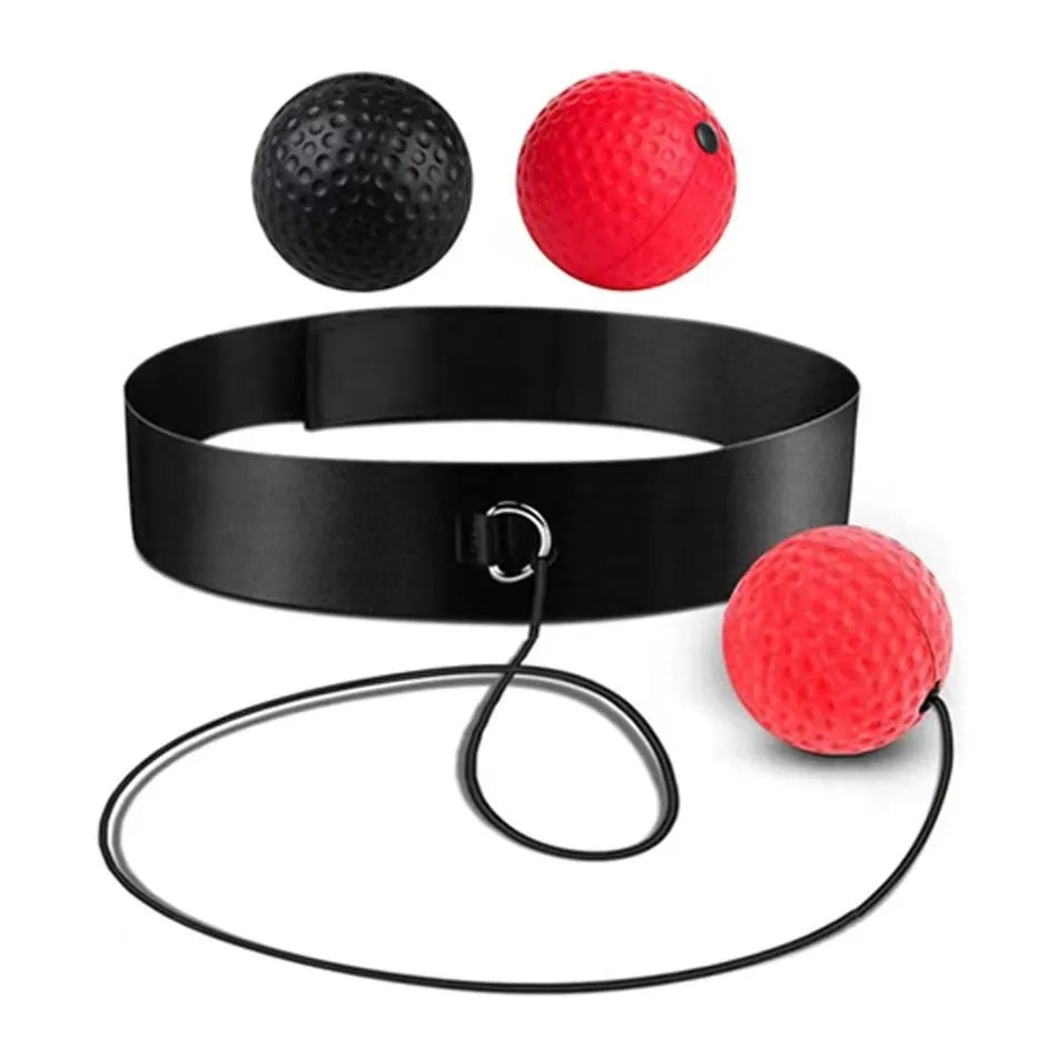 Boxing reaction training kit with headband-mounted balls in various colours including red, black, green, yellow, and fluorescent green options