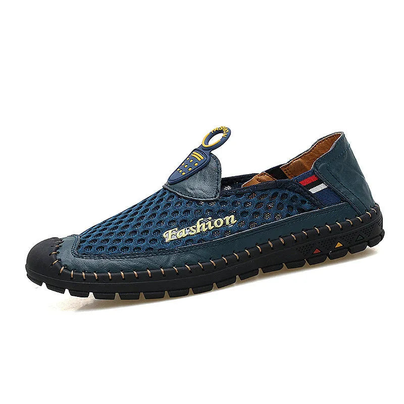 Men's brown casual mesh shoes with a rounded toe and sewn rubber sole.