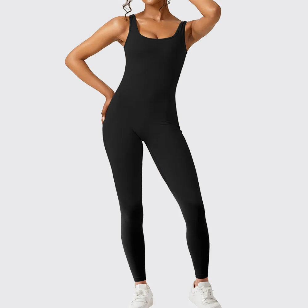 Women's sleeveless flare jumpsuit for yoga in polyester with high elasticity and fashionable waist