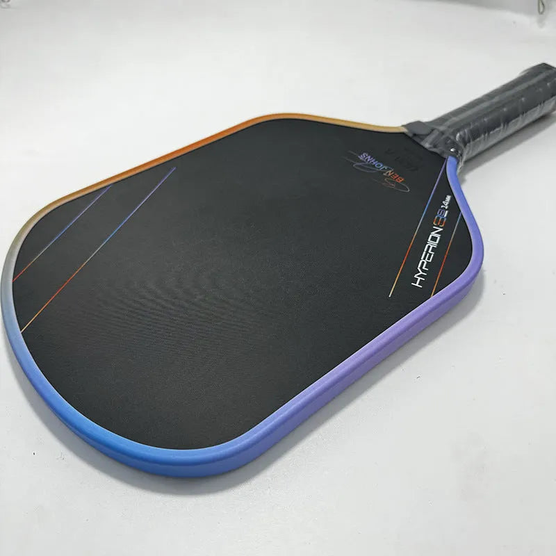Aurora Hyperion 3s pickleball racket with multi-colour pattern on matte carbon fibre, showing full paddle dimensions.