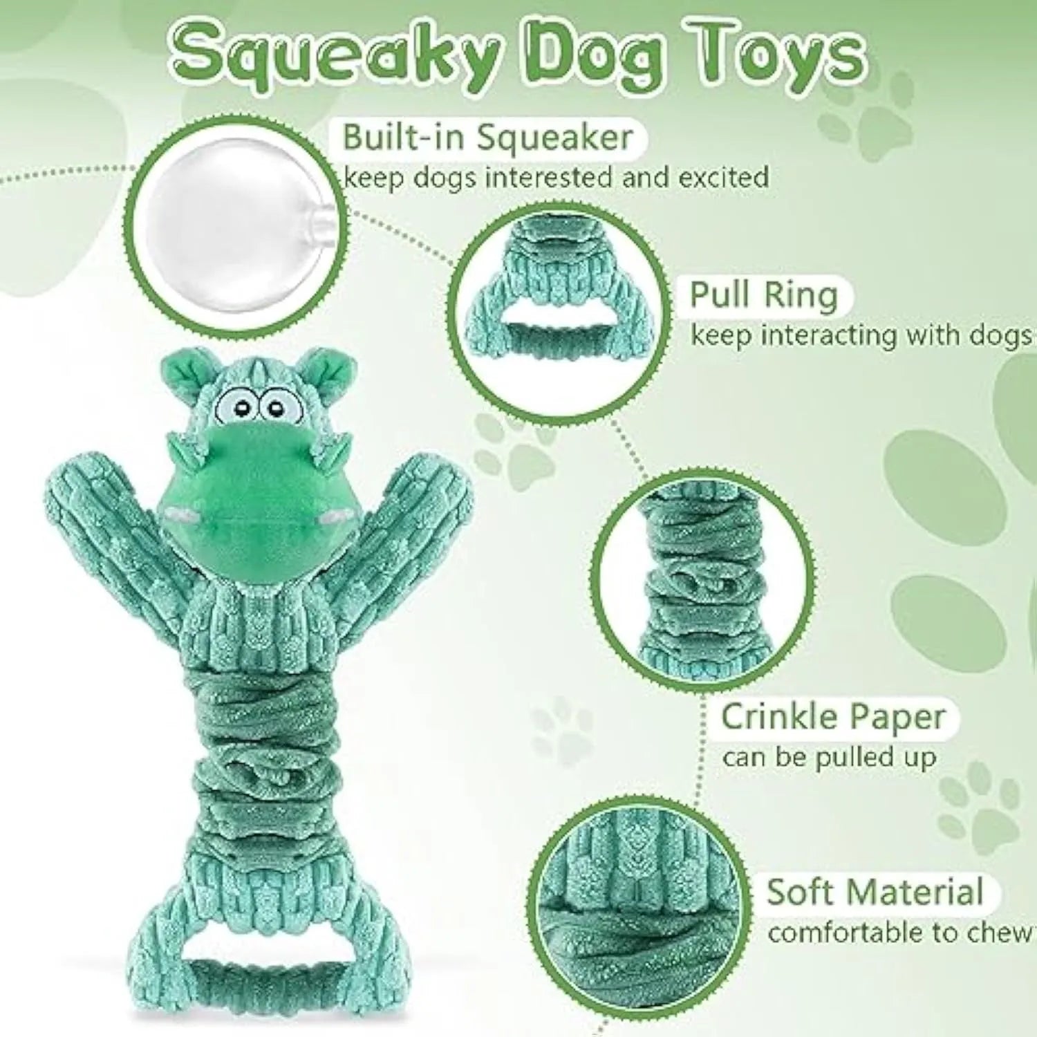 Large plush Hippo or Monkey dog toy with a handle, for squeaky and tug-of-war play.