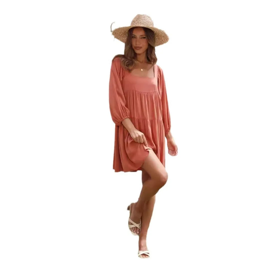 Children's square collar puff sleeve backless dress in A-line silhouette with loose waist