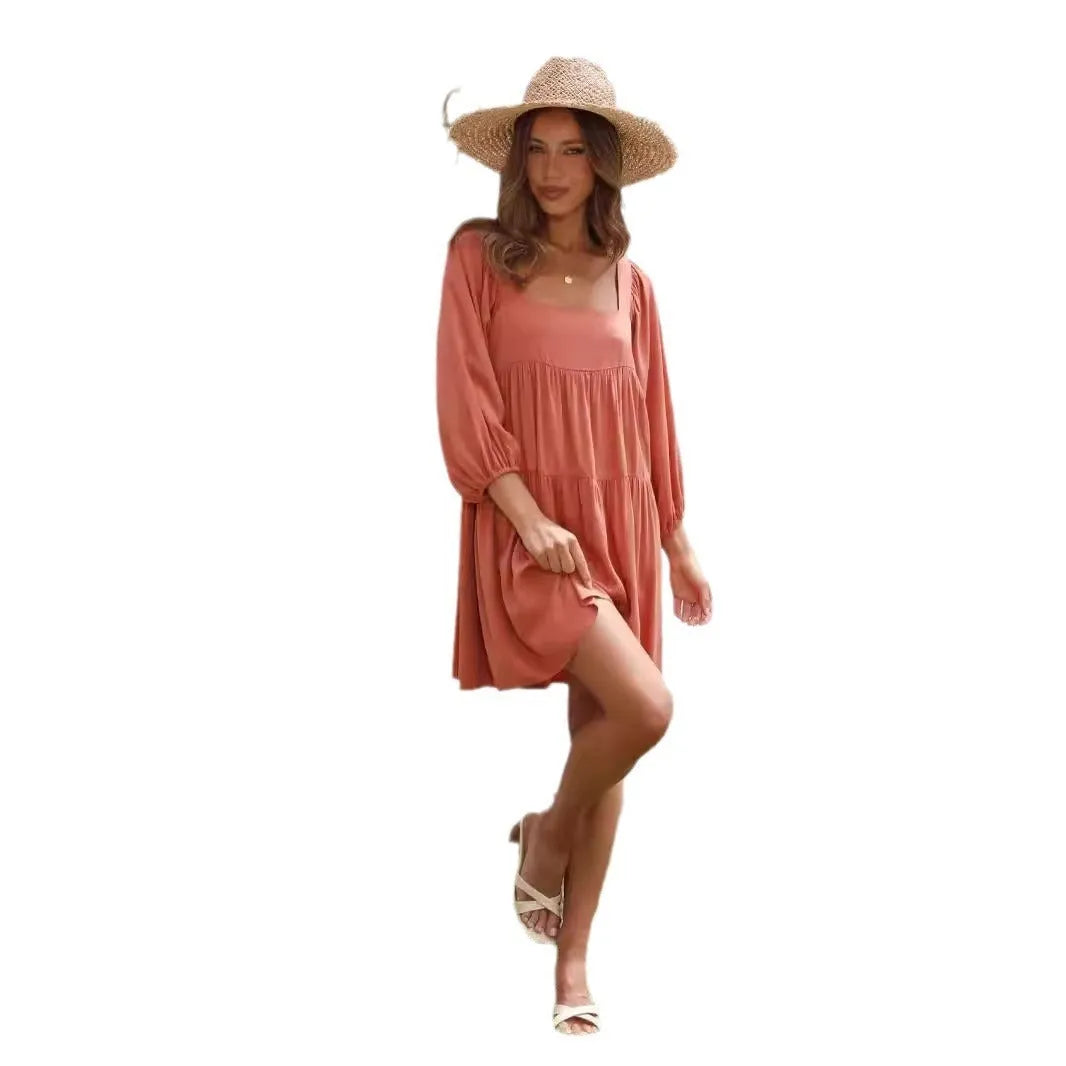 Children's square collar puff sleeve backless dress in A-line silhouette with loose waist