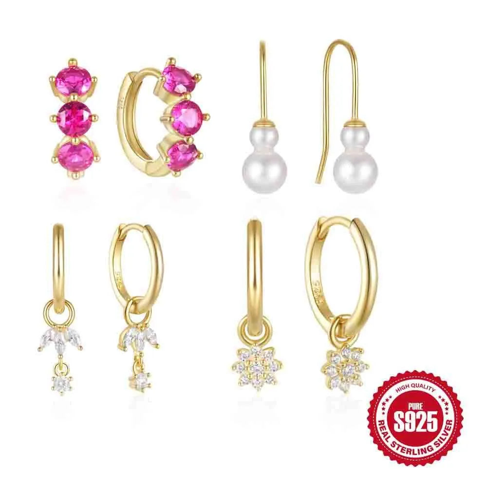 S925 sterling silver earrings with a geometric sunflower design and inlaid zircon stones in a golden colour.