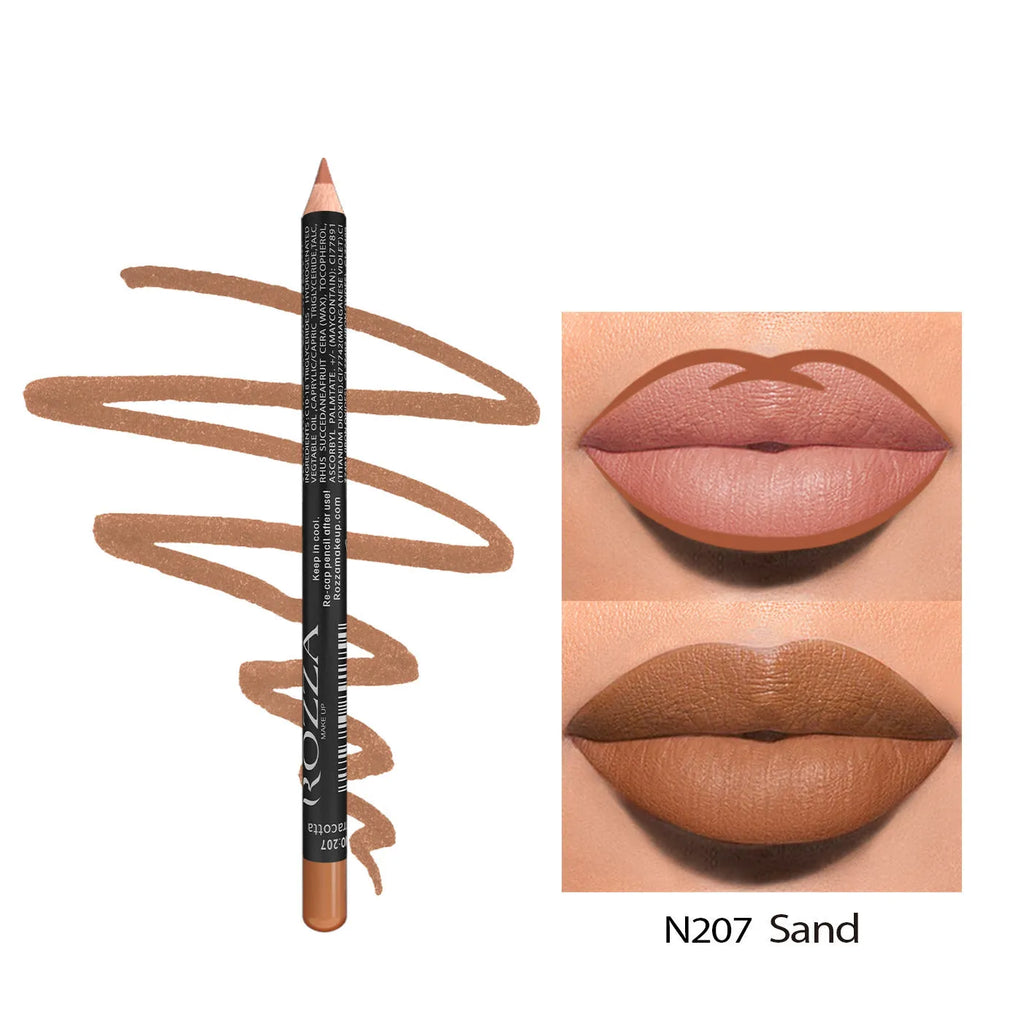 Matte finish lip liner pencil in a slim case showing one of 14 available shades, numbered 201 to 214.