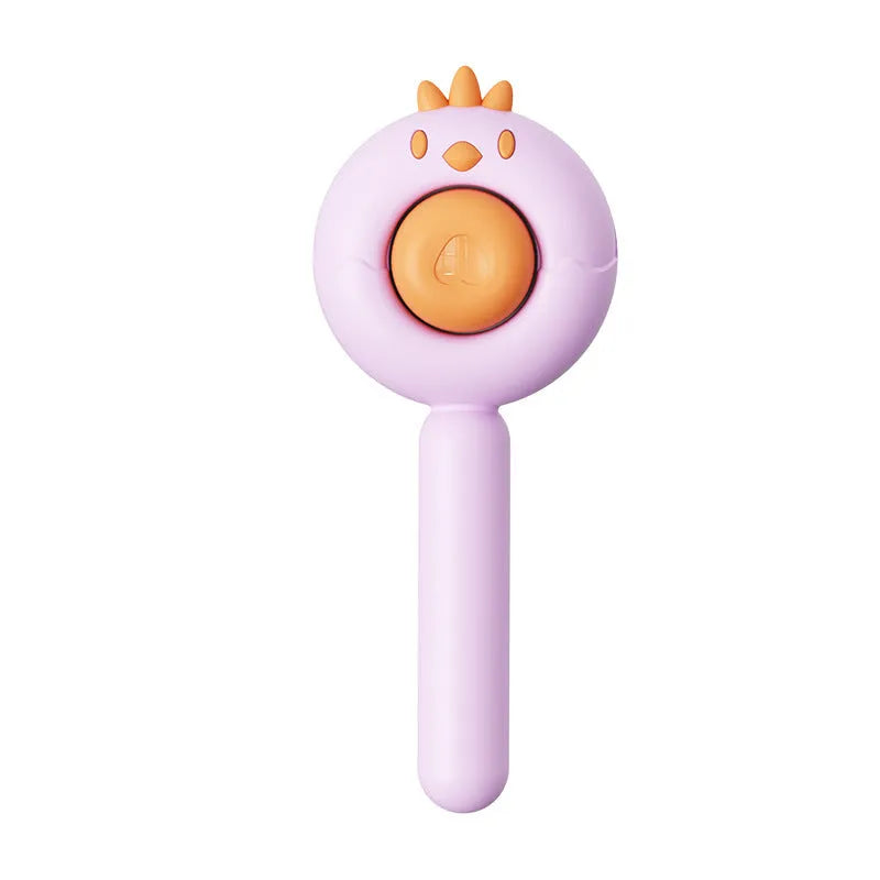 Purple, white, or yellow self-cleaning pet grooming brush with stainless steel bristles.
