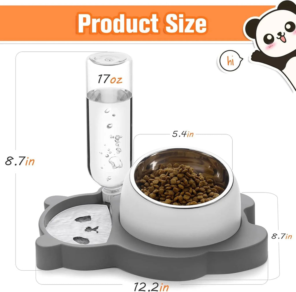 Grey and green panda-shaped elevated pet feeder with automatic water bottle and two tilted stainless steel bowls.