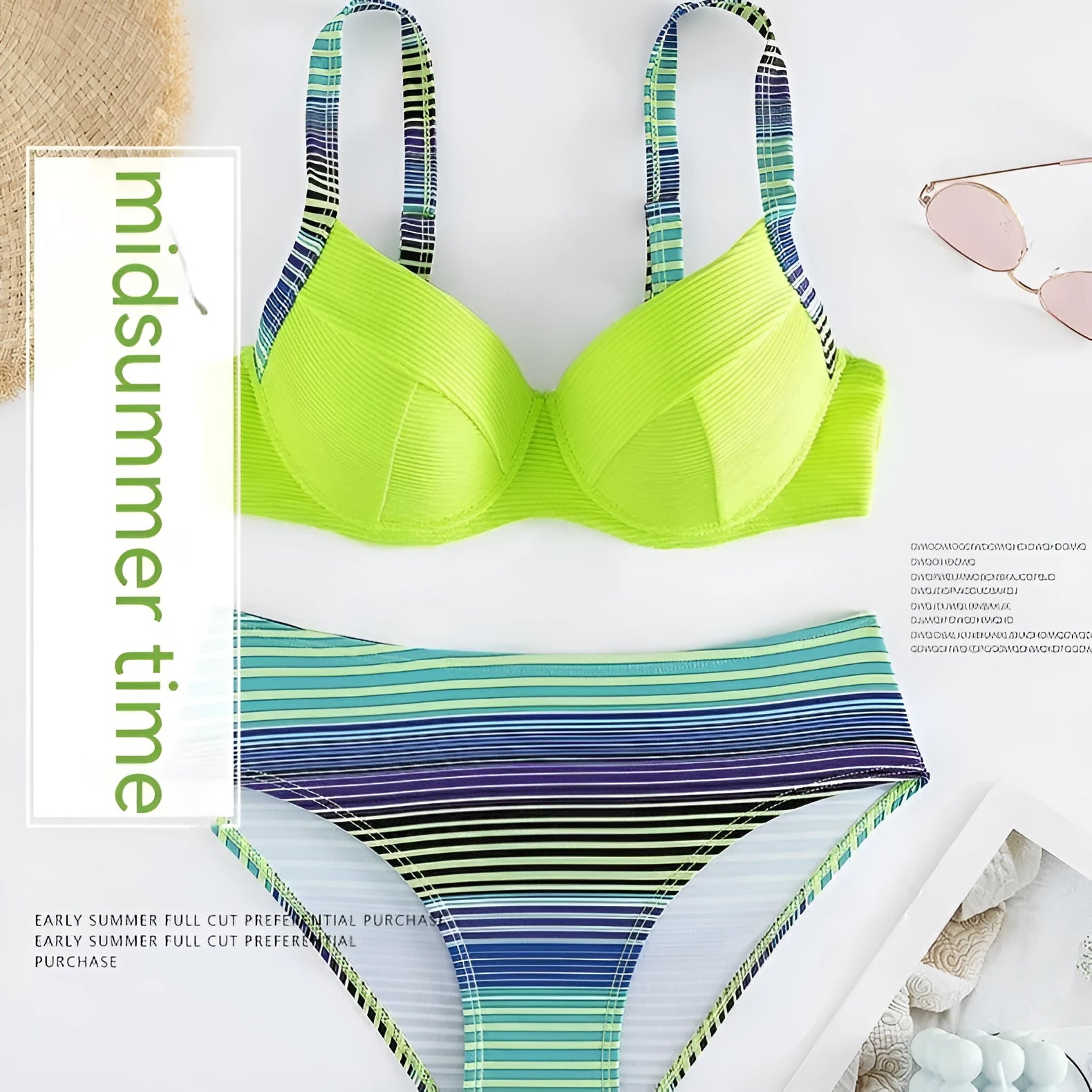 Women's green printed polyester halter bikini set with high-waist briefs on white background