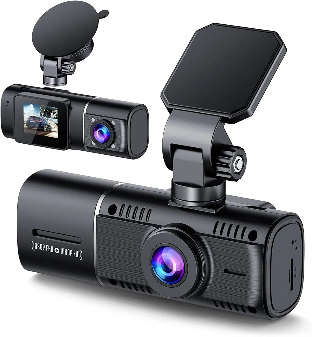 Standard black dual dash cam unit with 1.5-inch screen, shown with car charger and mounting stand.