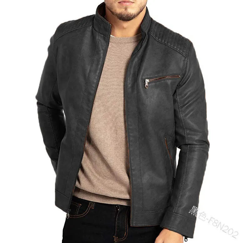 Men's brown artificial leather punk motorcycle jacket with a stand collar and straight hem.