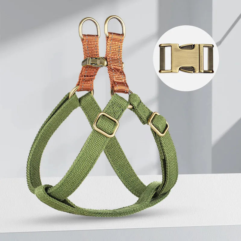 Vest style dog leash in cotton and nylon with alloy fastener in three colour options