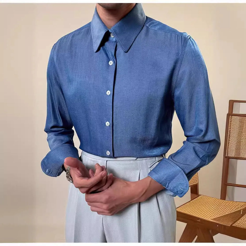 Men's slim fit long sleeve round collar shirt in sky blue and denim blue rayon-polyester blend