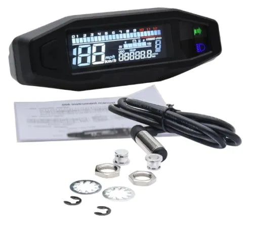 Black motorcycle mini speedometer LCD gauge showing speed, RPM, and oil level on backlit display.