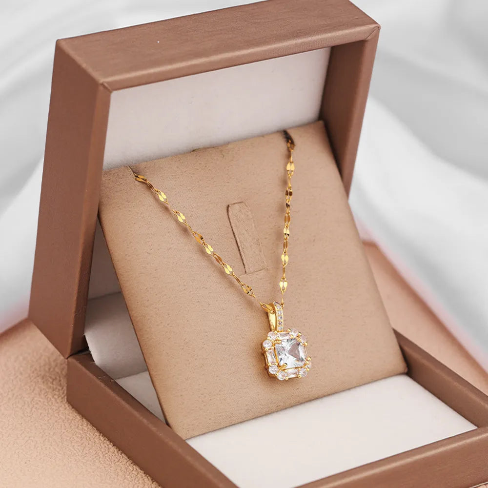 Women's geometric quadrilateral pendant necklace with mixed gem and zircon inlay on titanium steel chain