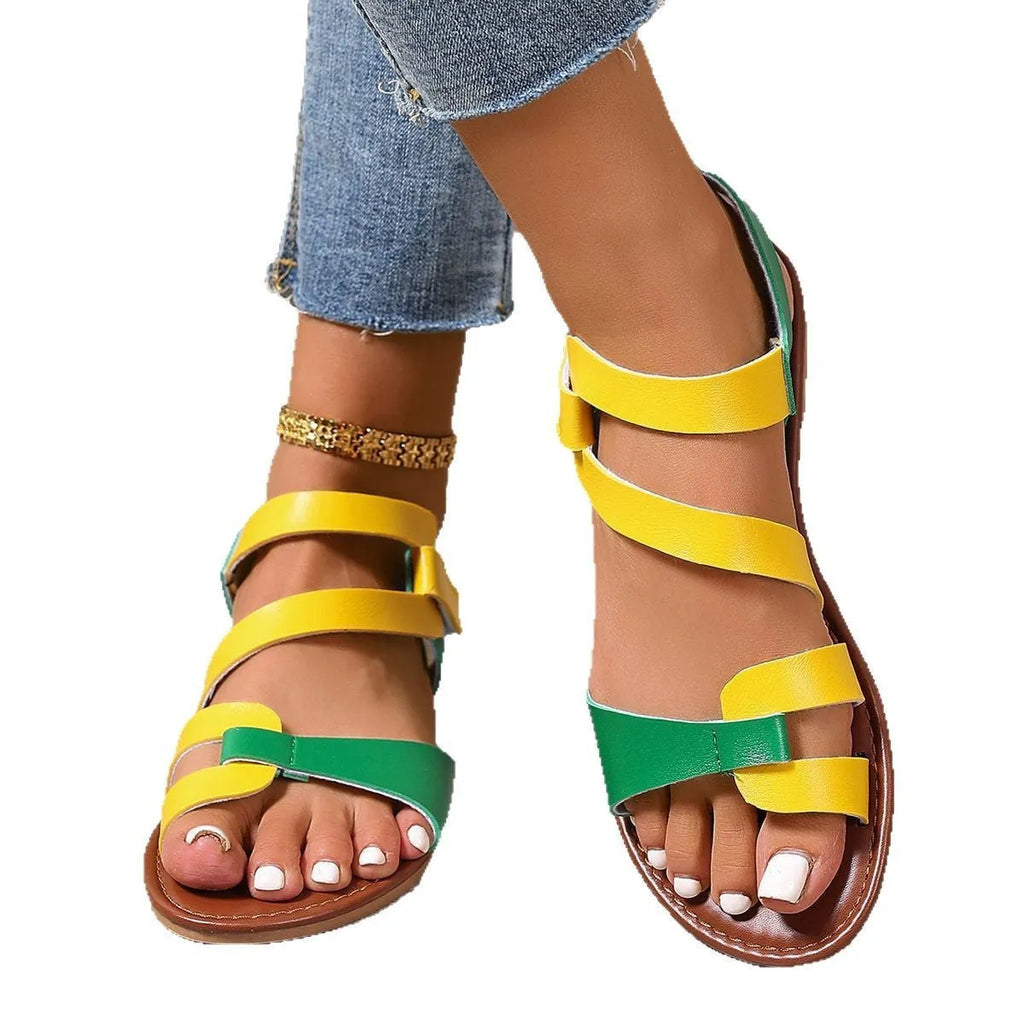 Women's flat sandals with Velcro closure and round toe in black, brown and colourful options