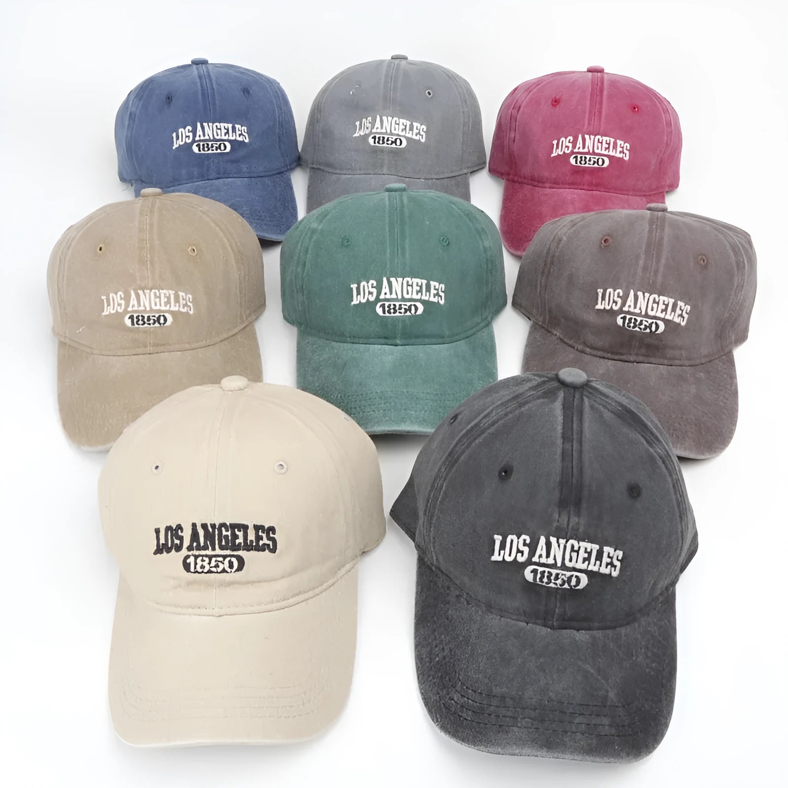 Adjustable peak cap with embroidered letters in distressed retro style, showing conical crown and 7cm brim