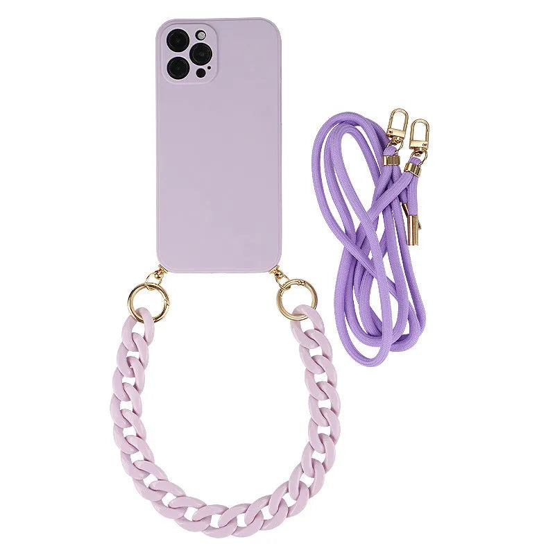 Crossbody solid colour TPU phone case with fine hole texture and lanyard chain for iPhone 16 series
