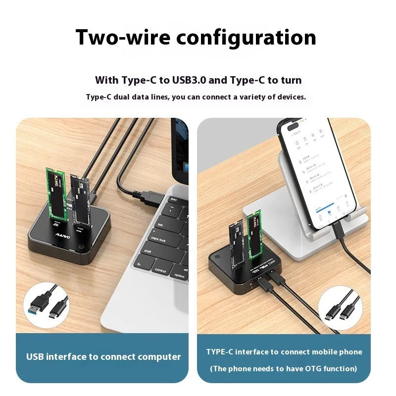 MAIWO K3016 M.2 SSD docking station for SATA and NVMe drives with data cables and power adapter.