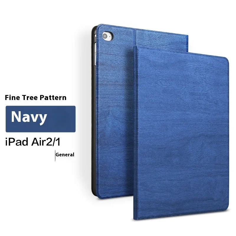 Imitation leather protective cover with sleep bracket for Apple iPad models in black and sapphire blue.