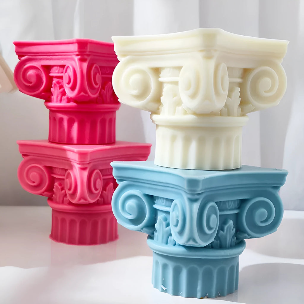Flexible silicone Roman pillar mould for candles, chocolate, and plaster crafts.