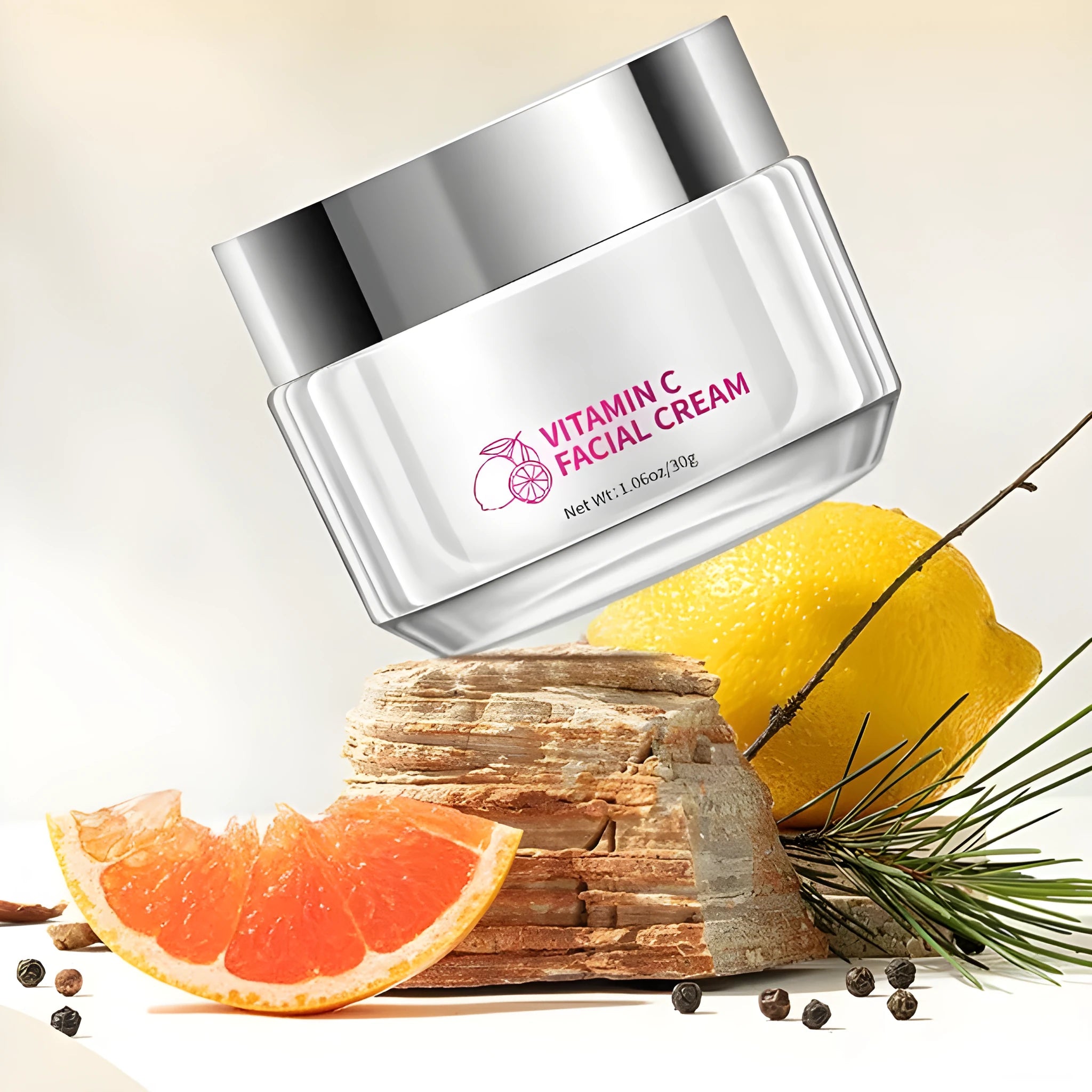 30g Vitamin C Face Cream jar with universal skin type labelling, showing compact 6 cm size.