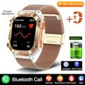 Women's Android smart watch with GPS, Bluetooth call, on wrist showing black camouflage strap.