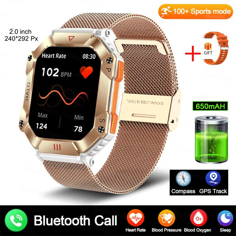 Women's Android smart watch with GPS, Bluetooth call, on wrist showing black camouflage strap.