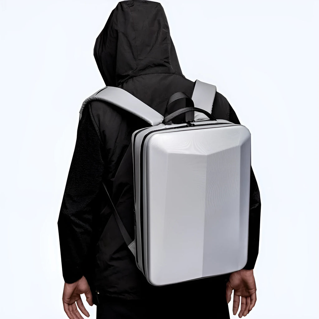 Black and silver white waterproof ABS PC business backpack with Oxford cloth panels and curved shoulder straps