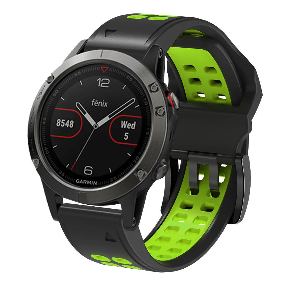 Quick release double-row hole two-colour silicone watch strap with pin buckle clasp.