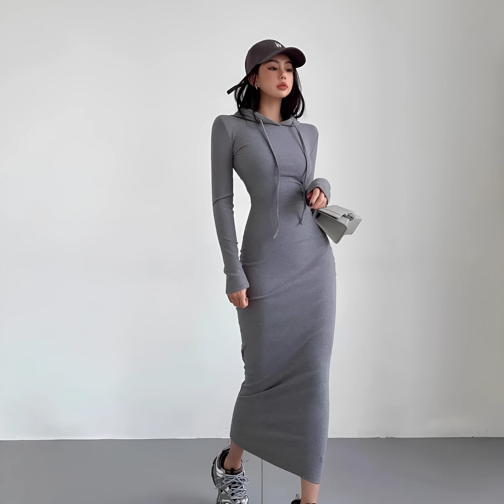 Women's grey hooded long-sleeve sheath dress with a high waist on a model.