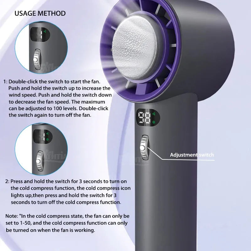 Portable handheld turbo fan with semiconductor refrigeration, 3000mAh battery, adjustable wind speeds, in white
