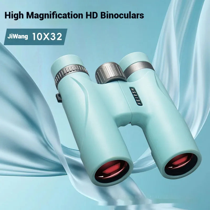 Blue 10x32 binoculars with wine red film imaging showing 16mm eyepiece and 32mm objective lens
