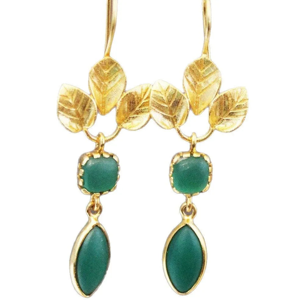 Gold-coloured copper earrings with French leaf design, tassel detailing, and water drop zircon pendant