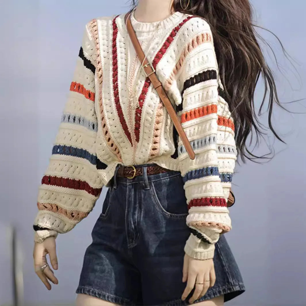 Rainbow striped batwing sleeve sweater with hollow knit construction in loose fit