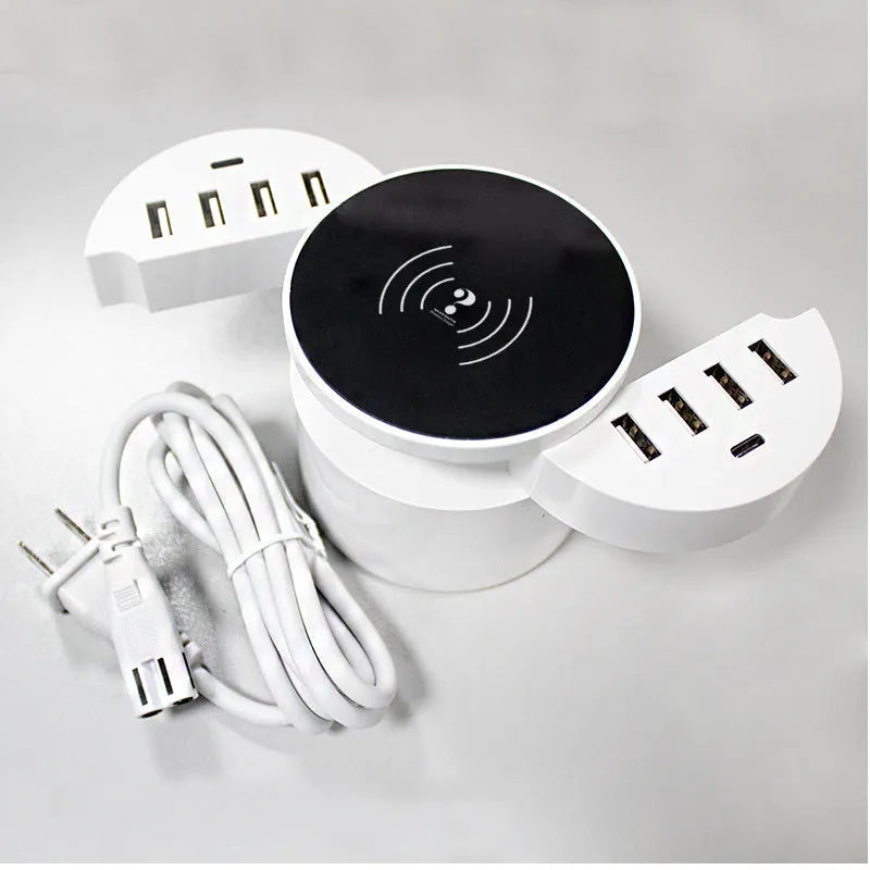 Multi-port wireless circular charger in ceramic white with UK EU US plug adapters and 1.5m cable