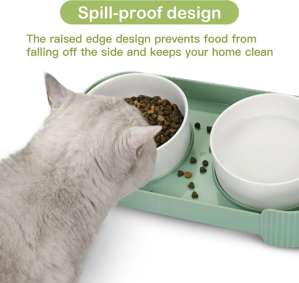 Green ceramic elevated cat bowls with 15-degree tilt and non-slip base