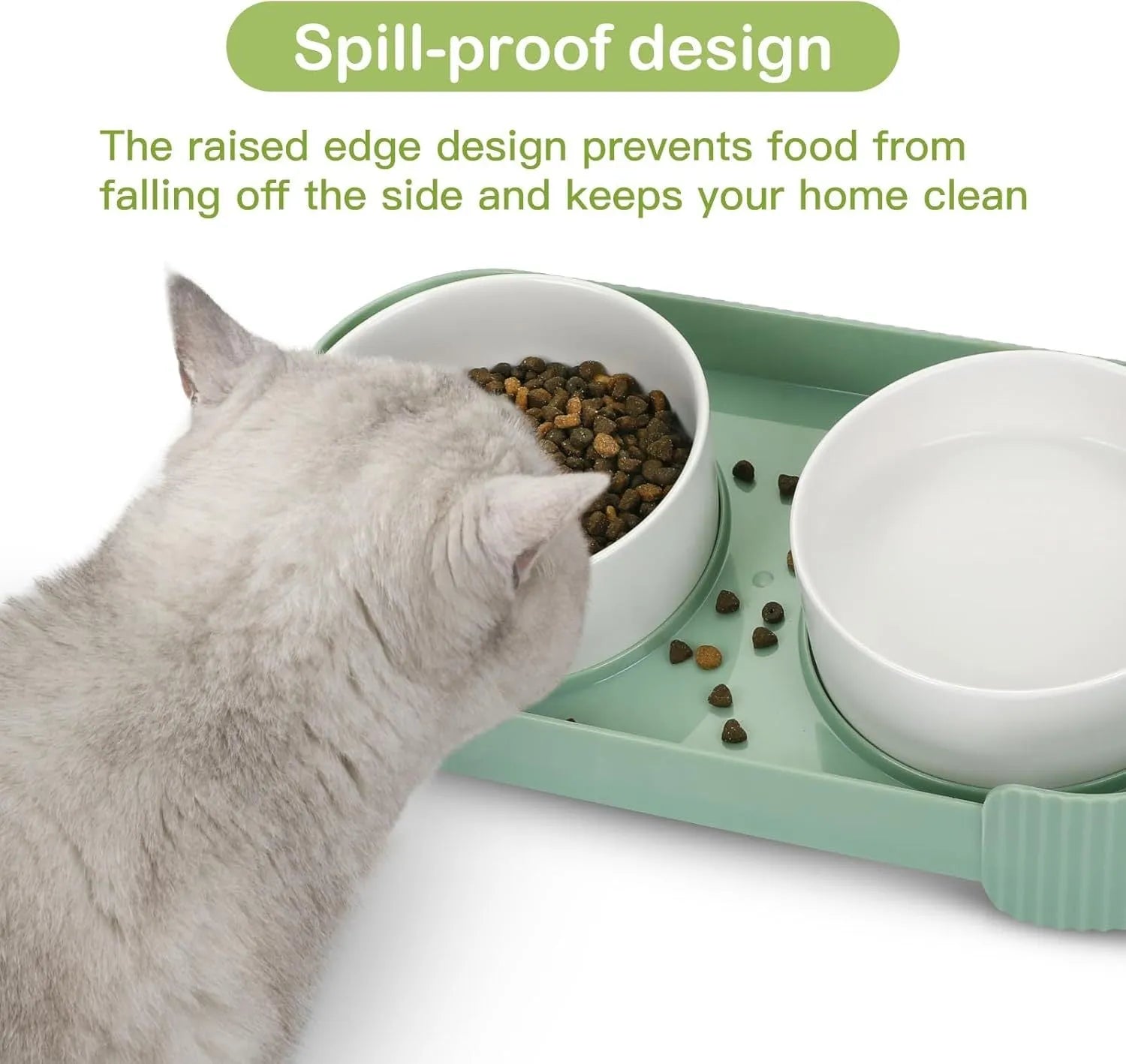 Green ceramic elevated cat bowls with 15-degree tilt and non-slip base