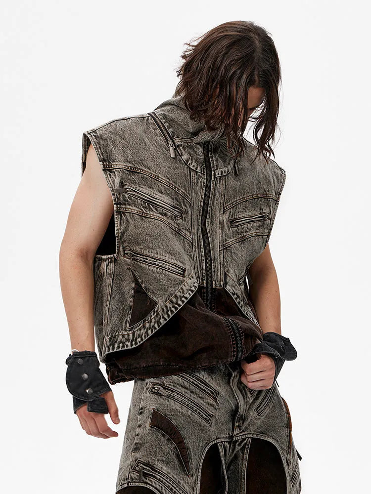 Men's sleeveless denim vest jacket with front zipper closure