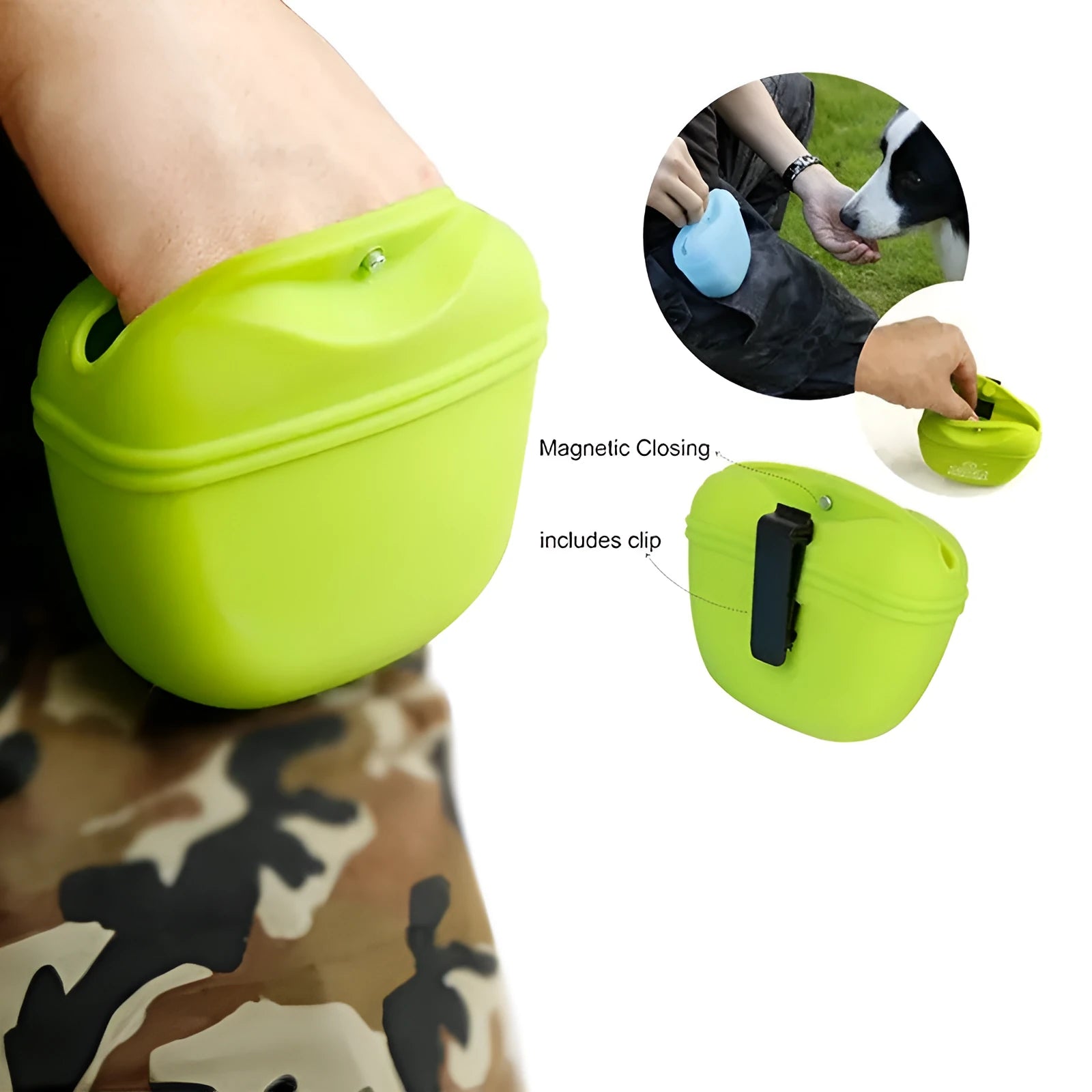 Silicone dog training treat pouch with clip and magnetic opening in assorted colours