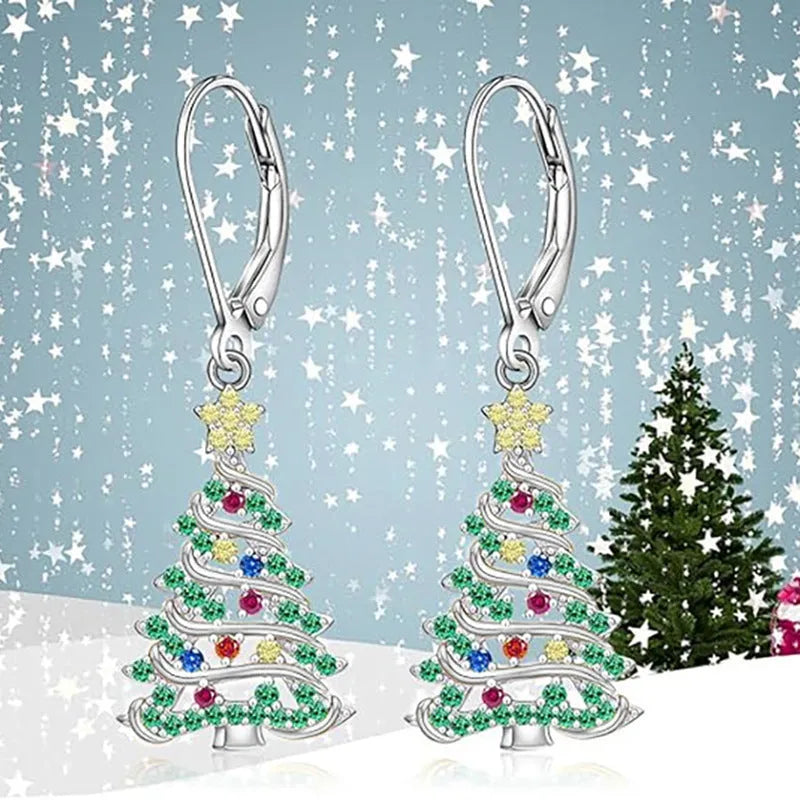 Women's Christmas tree earring pendants with star design in white gold colour finish